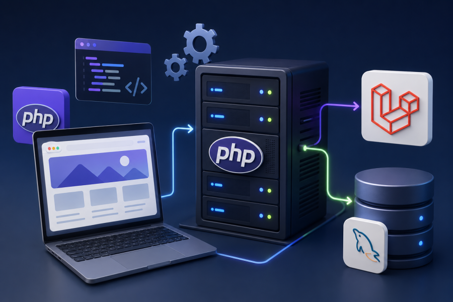 Vizualni prikaz rada backend tehnologija iza web stranice uključujući PHP, Laravel i bazu podataka