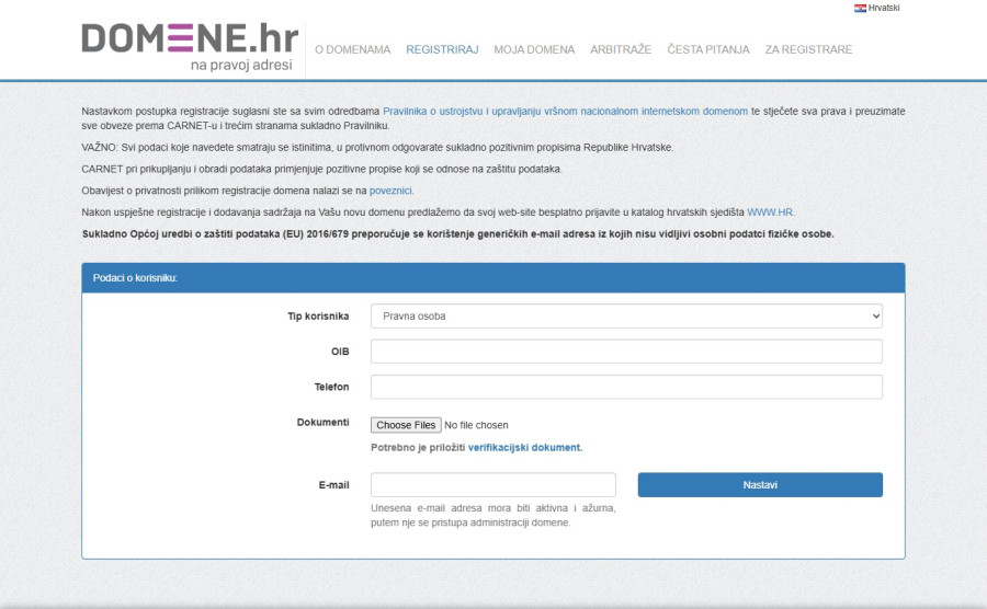 Obrazac za registraciju besplatne .hr domene