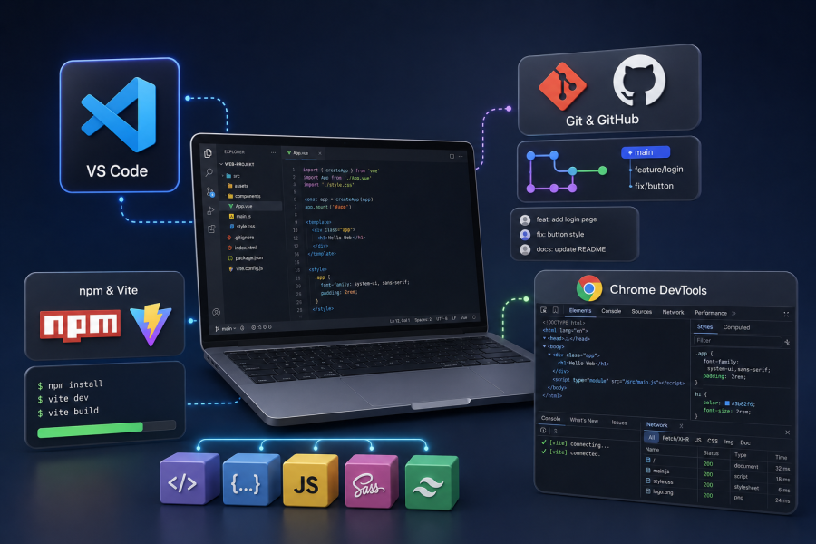 Alati koje koriste web developeri za razvoj i optimizaciju web stranica uključujući VS Code, GitHub, npm, Vite i Chrome DevTools